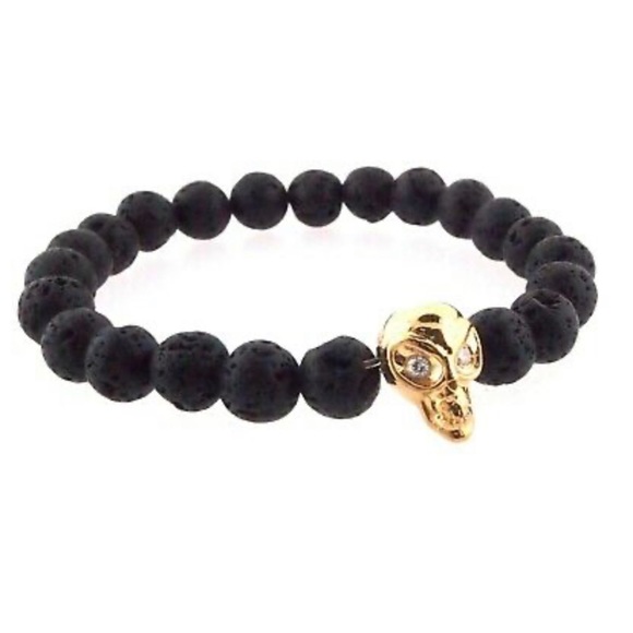 Beaded 14k Solid Gold Diamond Skull Bracelet - Picture 1 of 1